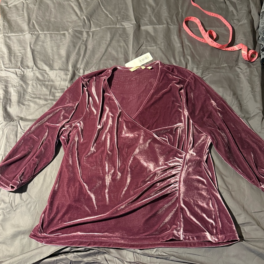 Soft Surroundings 2x Velvet Velour Faux Wrap Shirt Elbow Length Sleeves